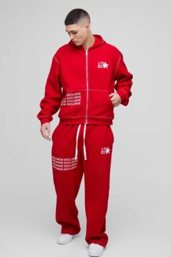 Oversized Boxy Contrast Stitch Printed Zip Through Hooded Tracksuit