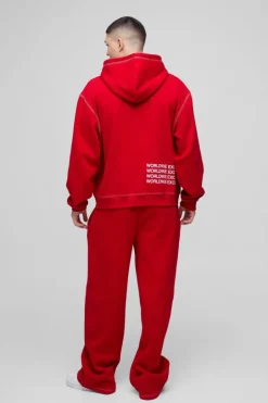 Oversized Boxy Contrast Stitch Printed Zip Through Hooded Tracksuit