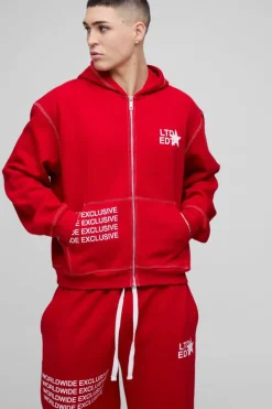 Oversized Boxy Contrast Stitch Printed Zip Through Hooded Tracksuit