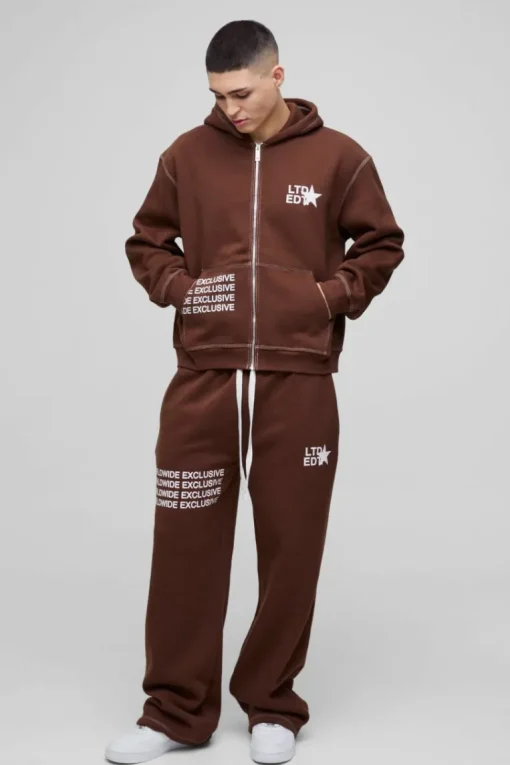 Oversized Boxy Contrast Stitch Printed Zip Through Hooded Tracksuit