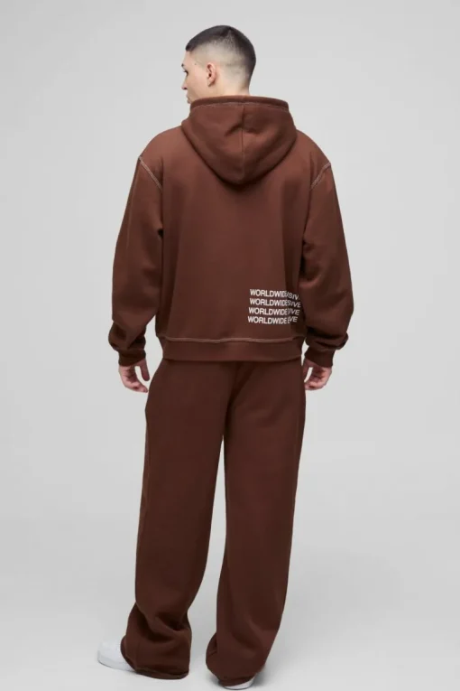 Oversized Boxy Contrast Stitch Printed Zip Through Hooded Tracksuit