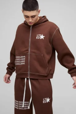 Oversized Boxy Contrast Stitch Printed Zip Through Hooded Tracksuit