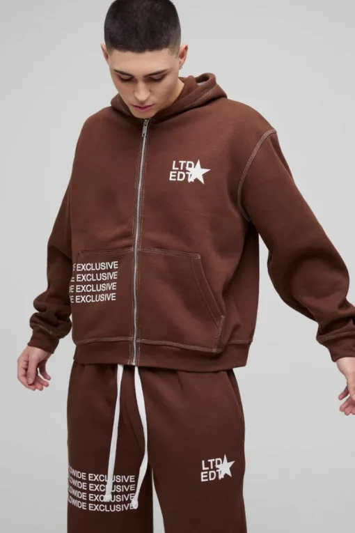 Oversized Boxy Contrast Stitch Printed Zip Through Hooded Tracksuit