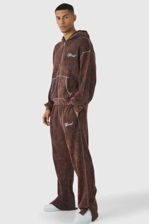 Oversized Boxy Contrast Stitch Acid Wash Heavy Waffle Zip Through Hooded Tracksuit