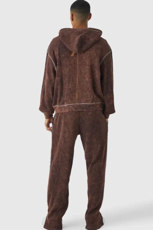 Oversized Boxy Contrast Stitch Acid Wash Heavy Waffle Zip Through Hooded Tracksuit