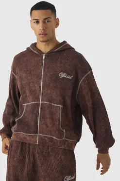 Oversized Boxy Contrast Stitch Acid Wash Heavy Waffle Zip Through Hooded Tracksuit