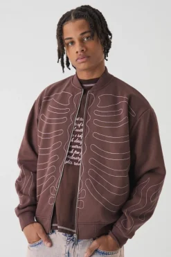 Oversized Boxy Contrast Stitch Skull Applique Bomber Jacket