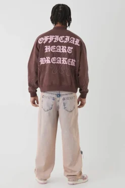 Oversized Boxy Contrast Stitch Skull Applique Bomber Jacket