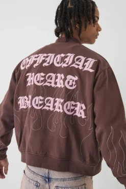Oversized Boxy Contrast Stitch Skull Applique Bomber Jacket