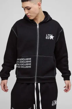 Oversized Boxy Contrast Stitch Printed Zip Through Hoodie