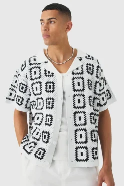 Oversized Boxy Crochet Knit Revere Shirt