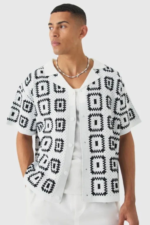 Oversized Boxy Crochet Knit Revere Shirt