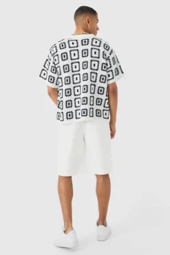Oversized Boxy Crochet Knit Revere Shirt