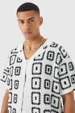 Oversized Boxy Crochet Knit Revere Shirt