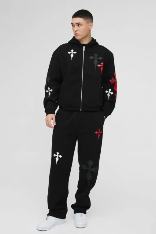 Oversized Boxy Cross Embroidered Printed Zip Through Hooded Tracksuit