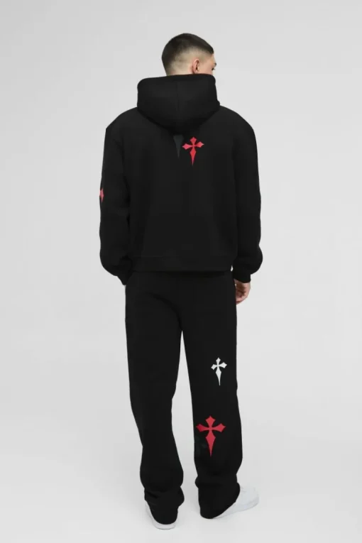 Oversized Boxy Cross Embroidered Printed Zip Through Hooded Tracksuit