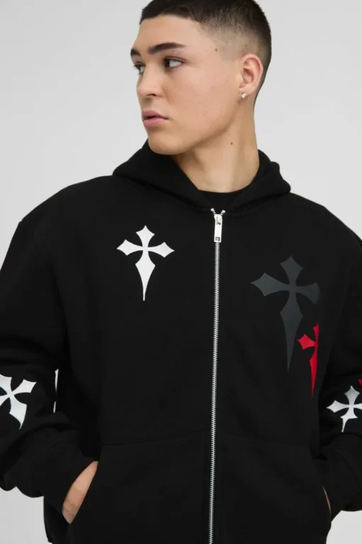 Oversized Boxy Cross Embroidered Printed Zip Through Hooded Tracksuit