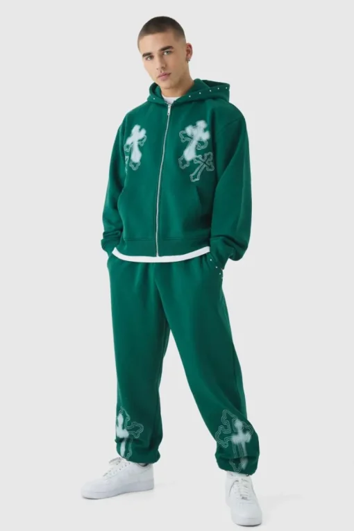 Oversized Boxy Cross Embroidered Zip Through Hooded Tracksuit
