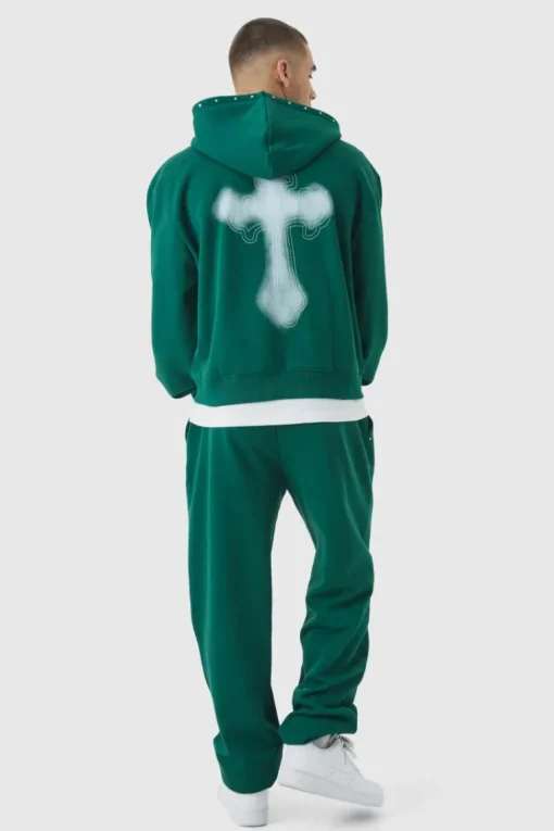 Oversized Boxy Cross Embroidered Zip Through Hooded Tracksuit