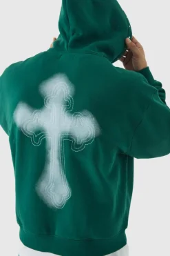 Oversized Boxy Cross Embroidered Zip Through Hooded Tracksuit