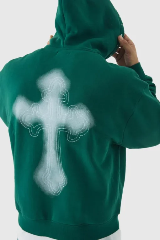 Oversized Boxy Cross Embroidered Zip Through Hooded Tracksuit