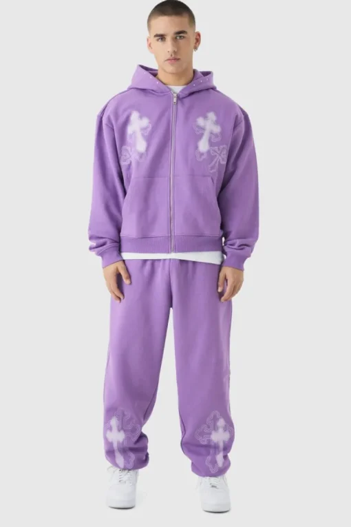 Oversized Boxy Cross Embroidered Zip Through Hooded Tracksuit