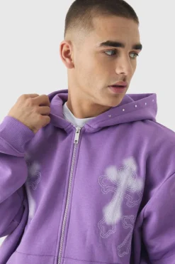 Oversized Boxy Cross Embroidered Zip Through Hooded Tracksuit