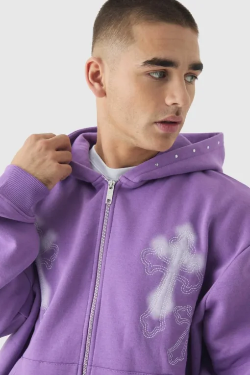 Oversized Boxy Cross Embroidered Zip Through Hooded Tracksuit