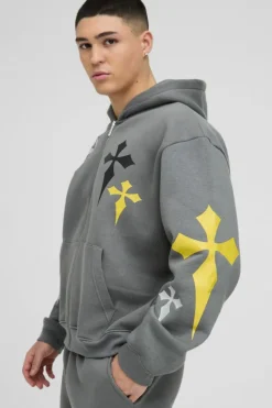 Oversized Boxy Cross Embroidered Printed Zip Through Hoodie