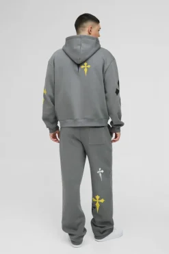 Oversized Boxy Cross Embroidered Printed Zip Through Hoodie