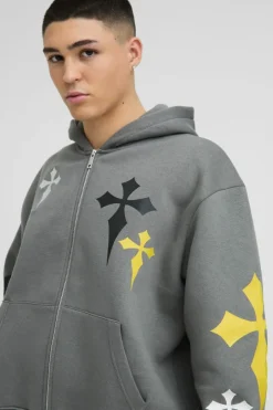 Oversized Boxy Cross Embroidered Printed Zip Through Hoodie