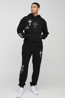 Oversized Boxy Cross Print Hooded Tracksuit