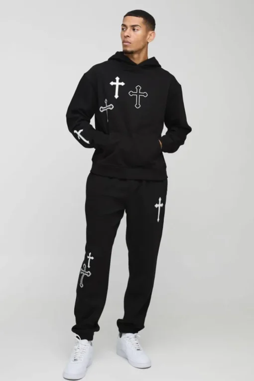 Oversized Boxy Cross Print Hooded Tracksuit