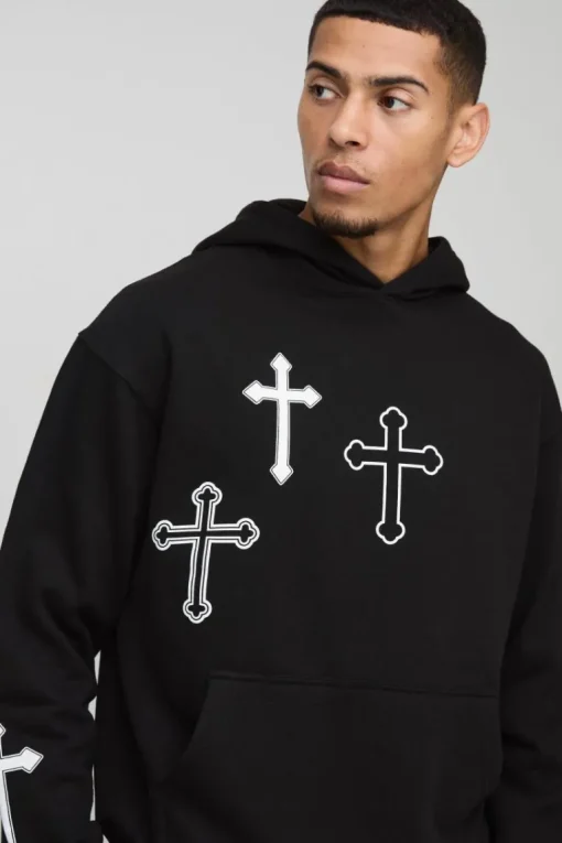 Oversized Boxy Cross Print Hooded Tracksuit