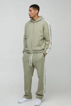 Oversized Boxy Cross Side Tape Zip Through Hooded Tracksuit