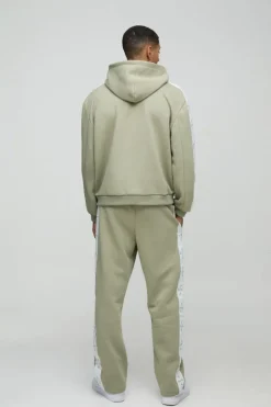 Oversized Boxy Cross Side Tape Zip Through Hooded Tracksuit