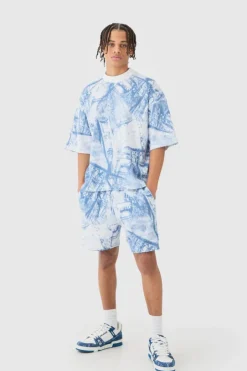 Oversized Boxy Denim Printed Waffle T-shirt & Shorts Set