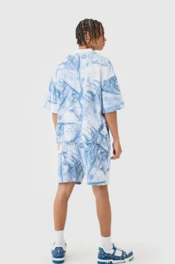 Oversized Boxy Denim Printed Waffle T-shirt & Shorts Set