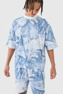 Oversized Boxy Denim Printed Waffle T-shirt & Shorts Set