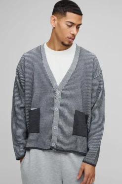 Oversized Boxy Dropped Shoulder Plated Ribbed Knitted Cardigan