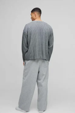 Oversized Boxy Dropped Shoulder Plated Ribbed Knitted Cardigan