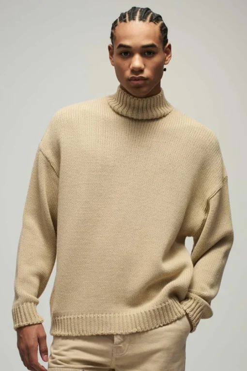Oversized Boxy Dropped Shoulder Funnel Neck Knitted Jumper