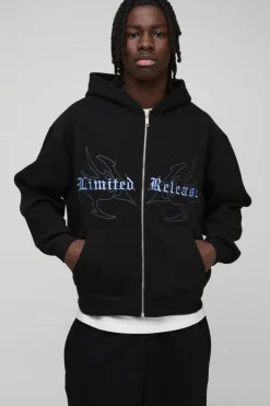Oversized Boxy Gothic Print Curve Seam Zip Through Hoodie