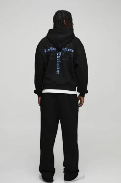 Oversized Boxy Gothic Print Curve Seam Zip Through Hoodie