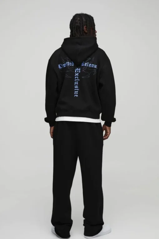 Oversized Boxy Gothic Print Curve Seam Zip Through Hoodie