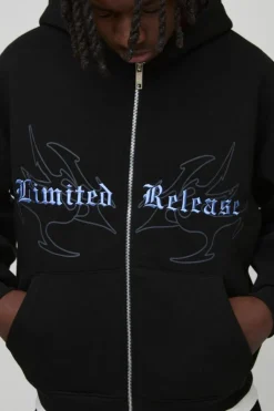 Oversized Boxy Gothic Print Curve Seam Zip Through Hoodie