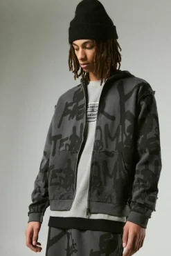 Oversized Boxy Graffiti Print Zip Through Loopback Hoodie
