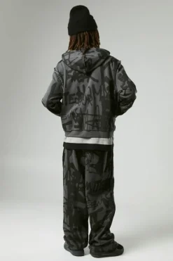 Oversized Boxy Graffiti Print Zip Through Loopback Hoodie