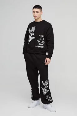 Oversized Boxy Graffiti Slogan Sweatshirt Tracksuit