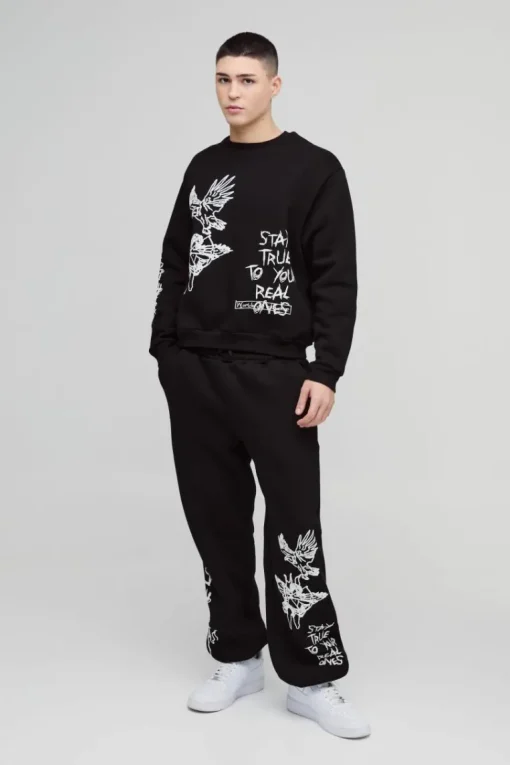 Oversized Boxy Graffiti Slogan Sweatshirt Tracksuit